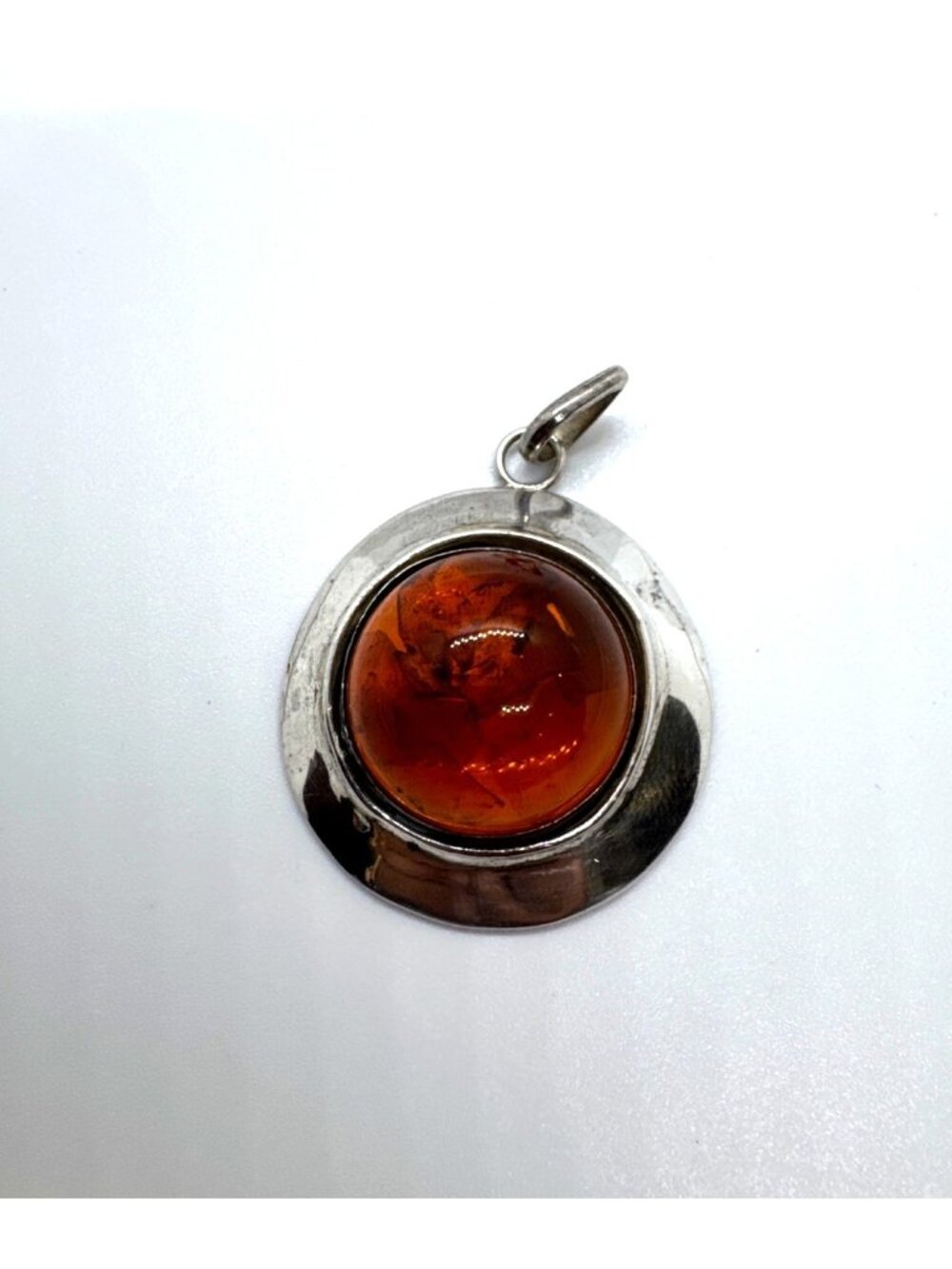 Sterling Silver 925 Baltic Amber Cabochon Pendant Modernist Round Boho Earthy